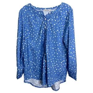 Misslook Blouse Top Cottage Core Crew Neck Long Sleeve Polka Dots Blue Cotton M